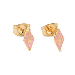 Pink Enamel Rhombus with Star Stud Earrings with 316L Surgical Stainless Steel Pins, Gold Plated 304 Stainless Steel Jewelry for Women, Pink, 8.5x4mm, Pin: 0.7mm