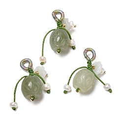 Real 14K Gold Plated Natural Hetian Jade Pendants, Barrel Charms with Natural Jadeite and Pearl and Brass Beads, Real 14K Gold Plated, 37mm, Hole: 5x4mm