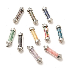 Mixed Stone Mixed Gemstone Chip Glass Bottle Big Pendants, with Alloy Findings, Bullet Charm, 55x14.5mm, Hole: 6x4mm