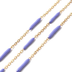 Cornflower Blue Enamel Column Link Chains, with Ion Plating(IP) Golden 304 Stainless Steel Cable Chains, Unwelded, with Spool, Cornflower Blue, 14~17x2~3mm and 1.5x2x0.5mm, about 32.81 Feet(10m)/Roll