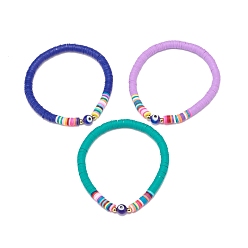 Mixed Color 3Pcs 3 Colors Polymer Clay Heishi Surfer Stretch Anklets Set with Lampwork Evil Eye, Preppy Jewelry for Women, Mixed Color, 2-3/8 inch(6cm), 1Pc/color