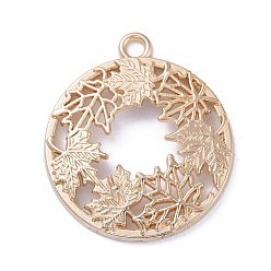 Light Gold Autumn Theme Zinc Alloy Open Back Bezel Pendants, For DIY UV Resin, Epoxy Resin, Pressed Flower Jewelry, Flat Round with Maple Leaf, Light Gold, 34x30x3mm, Hole: 2.5mm