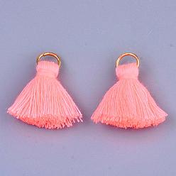 Light Coral Polycotton(Polyester Cotton) Tassel Pendant Decorations, with Iron Findings, Light Gold, Light Coral, 20~30x7~8mm, Hole: 5mm