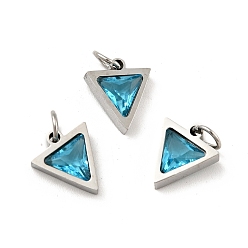Dark Turquoise 304 Stainless Steel Pendants, with Cubic Zirconia and Jump Rings, Single Stone Charms, Triangle, Stainless Steel Color, Dark Turquoise, 11x9.5x3mm, Hole: 3.6mm