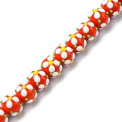 Orange Red Handmade Lampwork Beads Strands, with Enamel, Round with Flower, Orange Red, 11x9.5mm, Hole: 1.4mm, about 36pcs/strand, 13.58''(34.5cm)