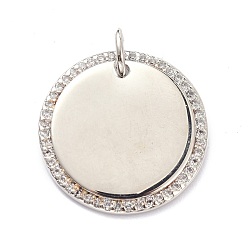 Real Platinum Plated Brass Micro Pave Clear Cubic Zirconia Pendants, with Jump Ring, Stamping Blank Tag, Long-Lasting Plated, Flat Round, Real Platinum Plated, 20x2mm, Jump Ring: 6x1mm, 4mm Inner Diameter