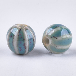 Cadet Blue Handmade Porcelain Beads, Fancy Antique Glazed Porcelain, Round, Cadet Blue, 11~12x10~11x10~10.5mm, Hole: 2~2.5mm