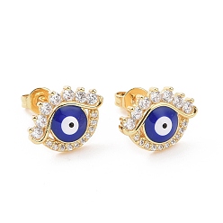 Golden Enamel Evil Eye Stud Earrings with Clear Cubic Zirconia, Brass Jewelry for Women, Golden, 10.5x13.5mm, Pin: 0.6mm