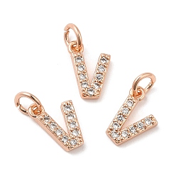 Real Rose Gold Plated Brass Micro Pave Grade AAA Cubic Zirconia Charms, Letter V, Cadmium Free & Nickel Free & Lead Free, Real Rose Gold Plated, 9x6x1.5mm, Hole: 2mm