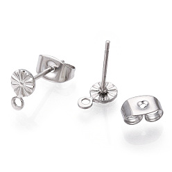 Stainless Steel Color 304 Stainless Steel Stud Earring Findings, with 316 Stainless Steel Pin & Horizontal Loops, Flat Round, Stainless Steel Color, 7x4.5mm, Hole: 1.2mm, Pin: 0.8mm