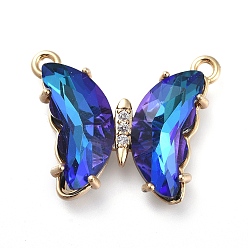 Blue Brass Micro Pave Clear Cubic Zirconia Links, with Glass, Butterfly, Golden, Blue, 18x21.5x4.5mm, Hole: 1.4mm