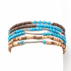 Mixed Color 6Pcs 6 Style Natural Coconut & Synthetic Turquoise Beaded Stretch Anklets Set with Brass Tube, Stackable Summer Anklets for Women, Mixed Color, Inner Diameter: 2-3/4 inch(7cm), 1Pc/style
