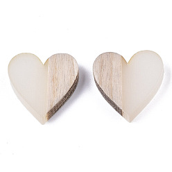 Humo Blanco Cabujones de resina y madera de dos tonos, corazón, whitesmoke, 15x14.5x3 mm