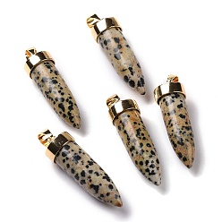 Jaspe Dalmate Pendentifs pointus en jaspe dalmatien naturel, charmes de cône, avec les accessoires en fer et en alliage de ton doré, 42.5~46x14~15mm, Trou: 8x6mm