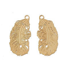 Real 18K Gold Plated Vacuum Plating 201 Stainless Steel Pendants, Feather Charm, Real 18K Gold Plated, 32.5x14.5x0.4mm, Hole: 2.1mm