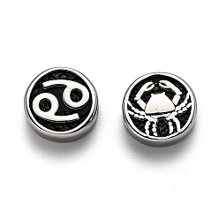 Cancer 304 Stainless Steel Beads, Flat Round with Twelve Constellations, Antique Silver, Cancer, 10x4mm, Hole: 1.8mm