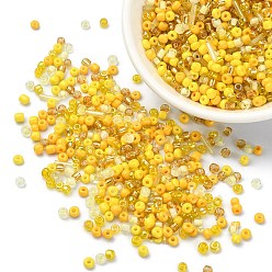 Amarillo Cuentas de semillas de vidrio de colores interiores opacos y transparentes, agujero redondo, ronda y tubo, amarillo, 2~3x1.5~9 mm, agujero: 0.8~1 mm