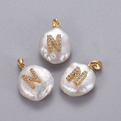 Letter N Natural Cultured Freshwater Pearl Pendants, with Brass Micro Pave Cubic Zirconia Findings, Nuggets with Letter, Long-Lasting Plated, Golden, Clear, Letter.N, 17~27x12~16x6~12mm, Hole: 4x2.5mm