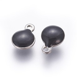 Black 304 Stainless Steel Enamel Charms, Enamelled Sequins, Flat Round, Stainless Steel Color, Black, 6.5x4.5x2.5mm, Hole: 0.8mm
