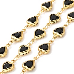 Black Heart Handmade Brass Glass Link Chains, Real 18K Gold Plated, Soldered, with Spool, Cadmium Free & Lead Free, Black, 12.5x7.5x2.5mm