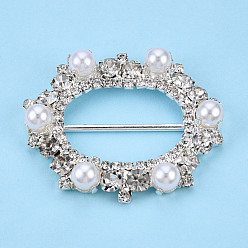 Silver Oval Brass Rhinestone Buckle Clasps, with ABS Plastic Imitation Pearl, For Webbing, Strapping Bags, Garment Accessories, Silver, 40.5x48x10mm