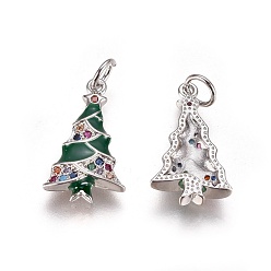 Platinum Brass Cubic Zirconia Pendants, with Enamel and Jump Ring, Christmas Tree, Green, Platinum, 18.5x11x3mm, Hole: 3mm