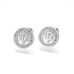 Stainless Steel Color 304 Stainless Steel Stud Earrings, with Polymer Clay Rhinestone, Flat Round with Tree of Life, Stainless Steel Color, 14x2mm, Pin: 0.8mm