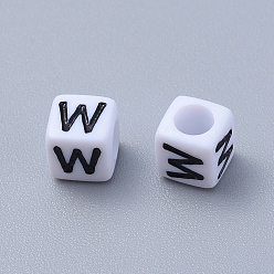 Letter W Acrylic Horizontal Hole Letter Beads, Cube, White, Letter W, Size: about 6mm wide, 6mm long, 6mm high, hole: about 3.2mm, about 2600pcs/500g