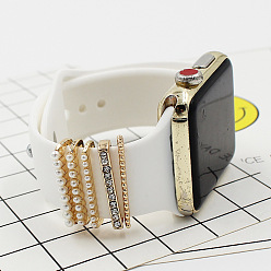 Light Gold Rectangle Alloy Rhinestones Watch Band Charms Set, Imitation Pearl Beads Watch Band Decorative Ring Loops, Light Gold, 2.1x0.3cm, 5pcs/set