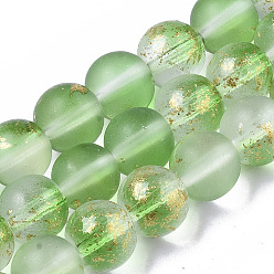 Lime Vert Brins de perles de verre peintes à la bombe givrée, avec une feuille d'or, ronde, lime green, 8~9mm, Trou: 1.2~1.5mm, Environ 46~56 pcs/chapelet, 14.37 pouces ~ 16.3 pouces (36.5~41.4 cm)