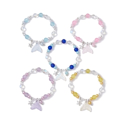 Mixed Color Glass & ABS Plastic Imitation Pearl Beaded Stretch Bracelet, with Starfish & Fishtail Charms, Mixed Color, Inner Diameter: 2-1/8 inch(5.5cm)