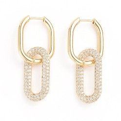 Clear Brass Micro Pave Cubic Zirconia Huggie Hoop Earrings, Long-Lasting Plated, Oval, Clear, 10 Gauge, 38mm, Pin: 0.8mm