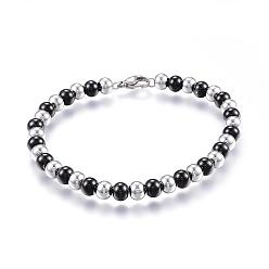 Black 304 Stainless Steel Beaded Bracelets, with Lobster Clasp, Electrophoresis Black & Stainless Steel Color, 7-5/8 inch(195mm)x6mm