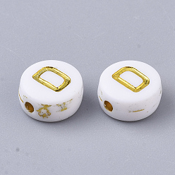 Letter D Perles acryliques plaquées, métal doré enlaça, trou horizontal, rond et plat avec alphabet, blanc, letter.d, 7x3.5mm, Trou: 1.2mm, environ3600 pcs / 500 g