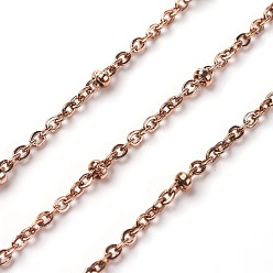 Rose Gold Ion Plating(IP) 304 Stainless Steel Cable Chains, Satellite Chains, with Round Beads, Soldered, with Spool, Flat Oval, Rose Gold, 2x1.6x0.5mm, about 32.8 Feet(10m)/roll