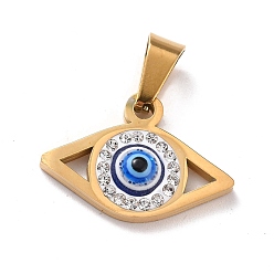 Blue 304 Stainless Steel Pendants, with Polymer Clay Rhinestone and Evil Eye Resin Round Beads, 201 Stainless Steel Bails, Eye, Blue, 13.5x19.5x4.5mm, Hole: 3.5x7mm