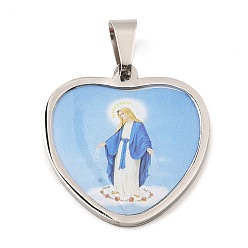 Stainless Steel Color 304 Stainless Steel Pendants, with Enamel, Heart with Saint Charm, Religion, Stainless Steel Color, 31x29x2mm, Hole: 9x5.5mm
