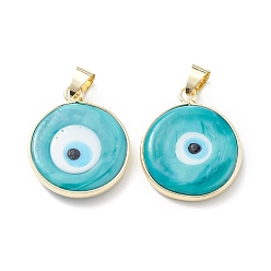 Turquoise Handmade Evil Eye Lampwork Pendants, with Rack Plating Light Gold Tone Brass Findings, Long-Lasting Plated, Lead Free & Cadmium Free, Flat Round, Turquoise, 24~25.5x20.5~21x4~4.5mm, Hole: 6x4~4.5mm