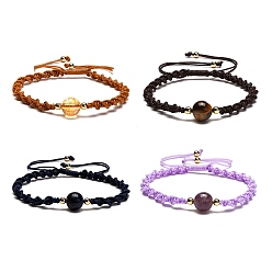 Mixed Color Adjustable Round Natural Gemstone Beads Bracelets for Women or Men, Braided Nylon Cord Bracelets, Mixed Color, 2-3/8~4-1/4 inch(6~10.9cm) , beads: 10mm