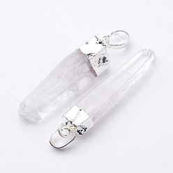 Silver Natural Quartz Crystal Pendants, Rock Crystal, with Brass Findings, Nugget, Silver, 30~75x5~15mm, Hole: 8x5mm