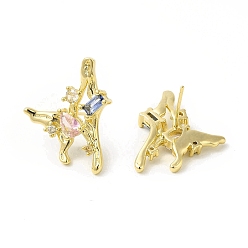 Real 18K Gold Plated Colorful Cubic Zirconia Butterfly Stud Earrings, Brass Jewelry for Women, Cadmium Free & Nickel Free & Lead Free, Real 18K Gold Plated, 23x19mm, Pin: 0.8mm