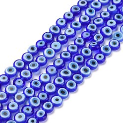 Dark Blue Handmade Lampwork Beads, Flat Round with Evil Eye, Dark Blue, 4.5x2.5mm, Hole: 0.6mm, about 90~100pcs/strand, 15.35''~15.75''(39~40cm)