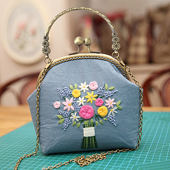 Light Steel Blue DIY Kiss Lock Coin Purse Embroidery Kit, Including Embroidered Fabric, Embroidery Needles & Thread, Metal Purse Handle, Flower Pattern, Light Steel Blue, 210x165x40mm