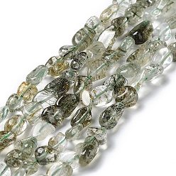 Cuarzo Rutilado Verdes naturales perlas de cuarzo rutilado hebras, pepitas, 7~14x4~9x4~7 mm, agujero: 1 mm, sobre 40~50 unidades / cadena, 15.16~15.55 pulgada (38.5~39.5 cm)