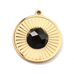 Black Onyx Natural Black Onyx Pendants, with Ion Plating(IP) 304 Stainless Steel Findings, Real 24K Gold Plated, Dyed & Heated, Flat Round, 15.5x13.5x3.5mm, Hole: 1mm