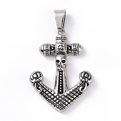 Antique Silver Anchor with Skull 304 Stainless Steel Big Pendants, Antique Silver, 50x37x8mm, Hole: 6.5x12mm