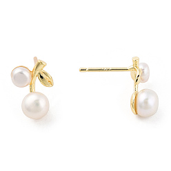 Real 14K Gold Plated Natural Pearl Cherry Stud Earrings with 925 Sterling Silver Pins, Brass Jewelry for Women, Real 14K Gold Plated, 13x8x5.5mm, Pin: 0.9mm