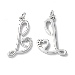 Platinum Eco-Friendly Rack Plating Brass Micro Pave Cubic Zirconia Pendants, Long-Lasting Plated, Lead Free & Cadmium Free, with Jump Ring, Capital Letter L with Heart Charm, Platinum, 25.5x15.5x2mm, Hole 3.3mm