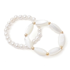 White 2Pcs 2 Style Shell Pearl Round & Oval Beaded Stretch Rings Set, Stackable Rings with Brass Beaded, White, Inner Diameter: 18~19mm, 1Pc/style