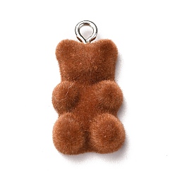 Saddle Brown Flocky Resin Pendants, with Iron Finding, Bear, Saddle Brown, 22x11x7mm, Hole: 2mm